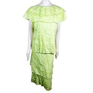 Danny Roberts Linen 2 Piece‎ Set L Lime Green Embroidered Boho Cottagecore 90s